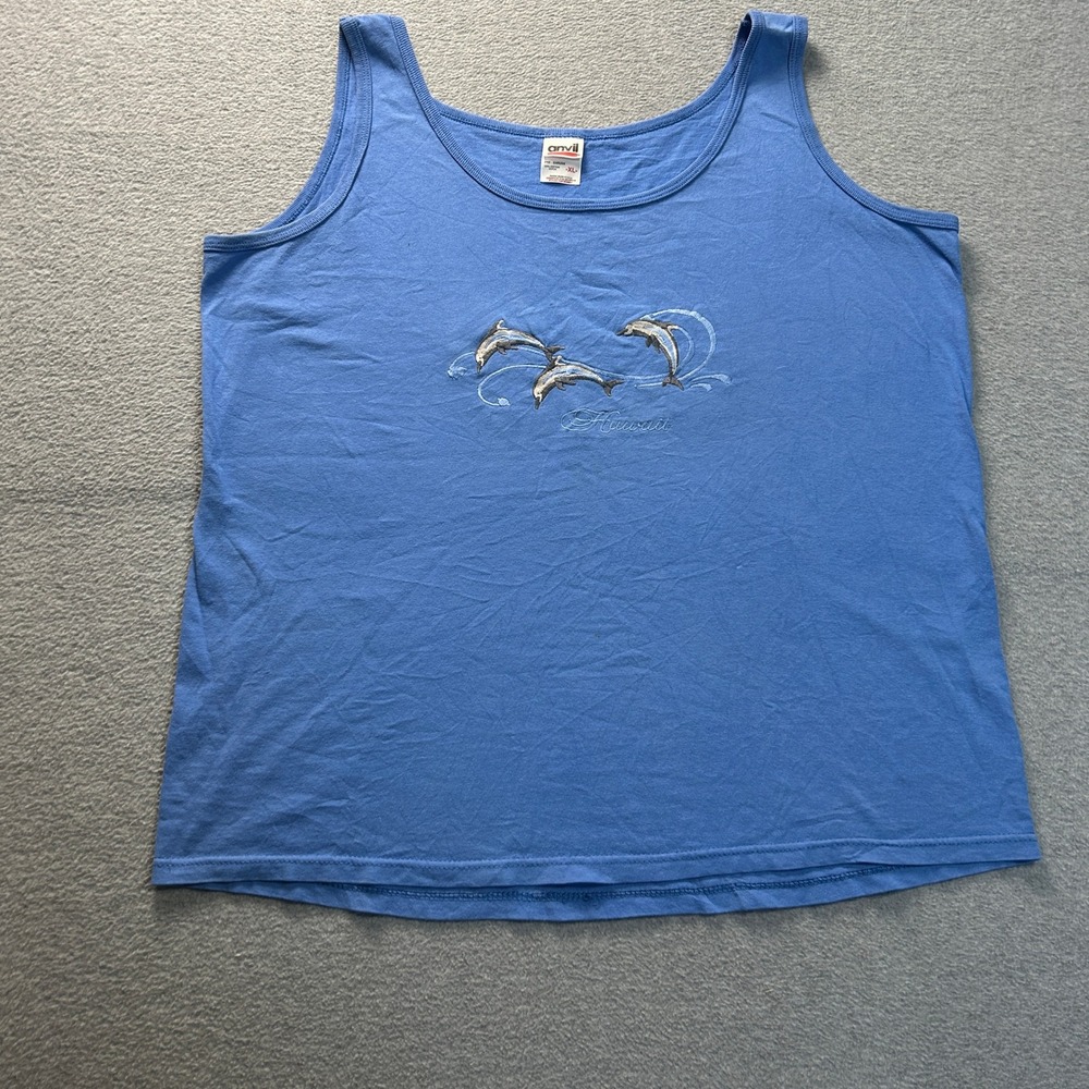 Anvil Tank Top Womens XL Blue Dolphin Embroidered Graphic‎ Cotton Sleeveless Tee